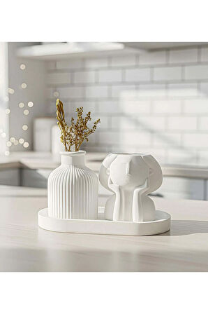 Dekoratif Standlı Alçı Kız ve Vazo Biblo