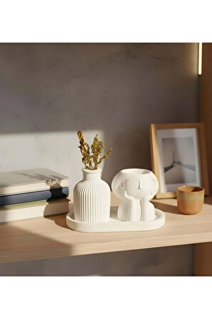 Dekoratif Standlı Alçı Kız ve Vazo Biblo