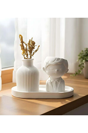 Dekoratif Standlı Alçı Erkek Figür ve Vazo Biblo