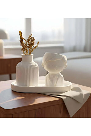 Dekoratif Standlı Alçı Erkek Figür ve Vazo Biblo