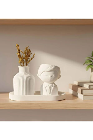 Dekoratif Standlı Alçı Erkek Figür ve Vazo Biblo