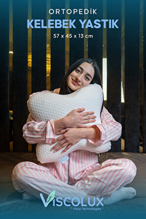 Visco Kelebek Yastık - Özel Ortopedik Boyun Destekli Visco Yastık Pembe 57x45x13