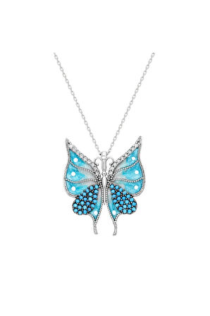 Modahilye 925 Ayar Gümüş Turkuaz Kelebek Zirkon taşlı Kadın Kolye