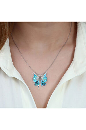Modahilye 925 Ayar Gümüş Turkuaz Kelebek Zirkon taşlı Kadın Kolye
