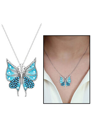 Modahilye 925 Ayar Gümüş Turkuaz Kelebek Zirkon taşlı Kadın Kolye