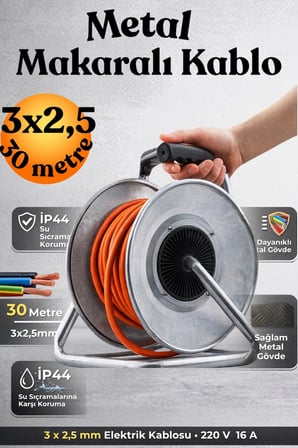 KLC 3x2.5 Mm Cca Kablo 30 Metre Makaralı Seyyar Kablo Kapaklı 4 Prizli Metal Uzatma Kablosu