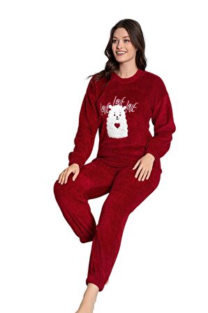 Nisanca Tam Peluş Kışlık Kadın Pijama Takımı- Polar Yılbaşı Pijaması 