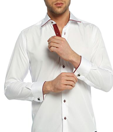 Bordo Bieli Beyaz Micro Kumaş Kol Düğmeli Slim Fit Erkek Gömlek - 216-3