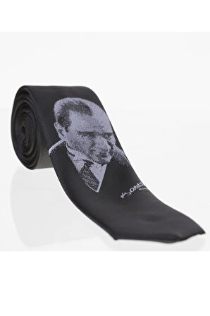 Atatürk ve İmza Desenli Dokuma Siyah Kravat - AK-24