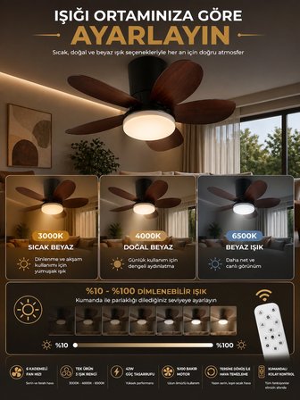 Yeni Nesil Tavan Vantilatörü 64 cm Toplam Çap – 6 Kademeli, 3 Işık Renkli, Kumandalı, Sessiz Fan (Tavana Vidalı Montaj)Avize