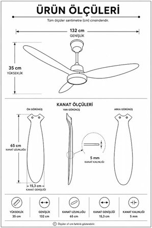 132 cm Akıllı Tavan Vantilatörü – Kumandalı & App Kontrollü – 6 Kademeli Sessiz LED Tavan Fanı – 3 Işık Modlu – Yaz/Kış Modu