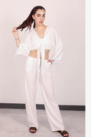 Kadın Beyaz Püsküllü Pantolon Takım