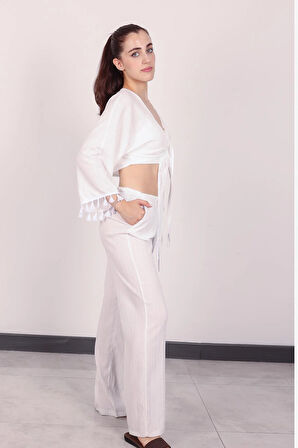 Kadın Beyaz Püsküllü Pantolon Takım