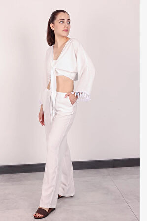 Kadın Beyaz Püsküllü Pantolon Takım
