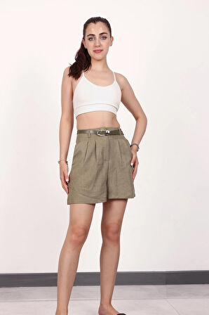 Kadın Haki Kemerli Şort