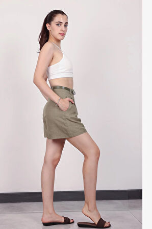 Kadın Haki Kemerli Şort