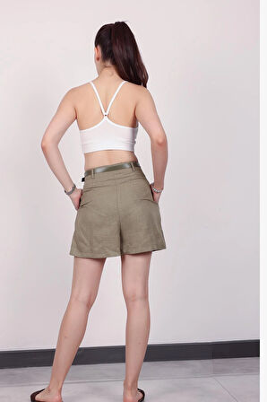 Kadın Haki Kemerli Şort