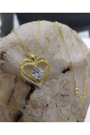 Modahilye 925 Ayar Gümüş Kalpli Tektaş Altın Kaplama Renk Kolye