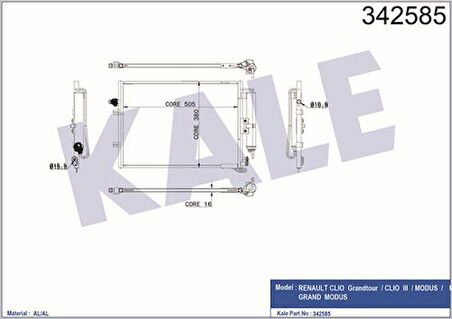 Kale 342585 Klima Radyatörü Clio III Modus 1.2 1.4 1.6 2.0 05-510x377x16 8200443897