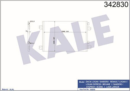 Kale 342830 Klima Radyatörü Dacia Duster Logan Sandero Renault Megane I Scenic I 1.4 1.5 DCI 1.6 1.9 DTI 8200182361