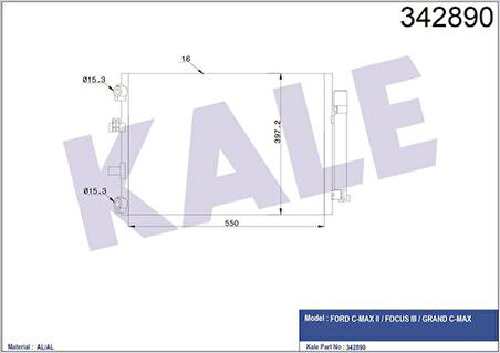 Kale 342890 Klima Radyatörü Kondanser Focus III 1.0 Ecoboost 1.6TDCI 11-Grand C-Max DXA Cb7 DXA Ceu 11-591x377x16 BV6119710BE