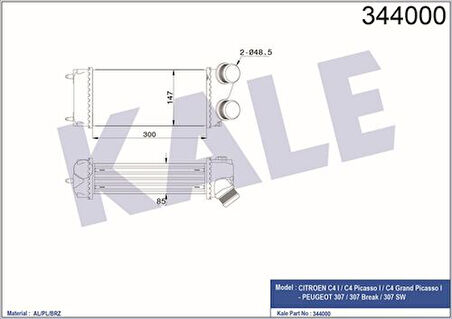 Kale 344000 Turbo Soğutucu Radyatör Intercooler P307 YM C4 C4 Picasso DV6 1.6HDI 06-Ölçü 300x147x85 9675627980