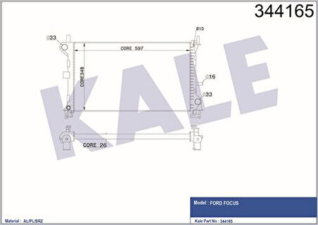 Kale 344165 Motor Su Radyatörü Focus 1.6 16V 2.0 16V 98 04 Otomatik Şanzıman Ölçü 600x348x26 8200288808