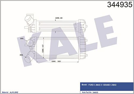 Kale 344935 Turbo Intercooler Radyatörü Focus III CB8 11-14 1.6 TDCI Focus IV CEW 14- C-Max 06-11 10-15 1.6 TDCI 300x150x75 1747987