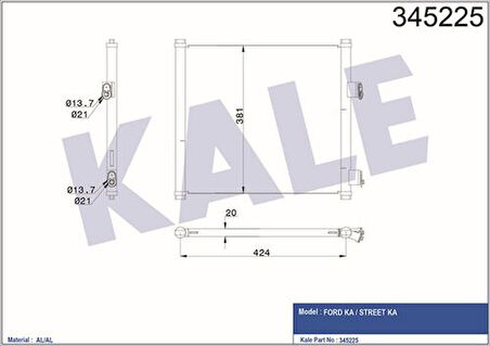 Kale 345225 Klima Radyatörü Kondanser Fiat 500 Panda 12-1.2 1.4 1.3JTD Multijet Ford Ka 1.2 1.3TDCI 08-542x369x16 5S5119710AA