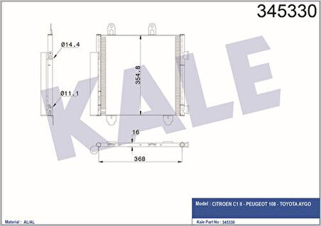 Kale 345330 Klima Radyatörü C1 II Peugeot 108 Aygo 13- 88450YV020