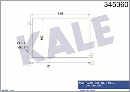 Kale 345360 Klima Radyatörü Kondanser Fiat 500 Panda 12-1.2 1.4 1.3JTD Multijet Ford Ka 1.2 1.3TDCI 08-542x369x16 1551184