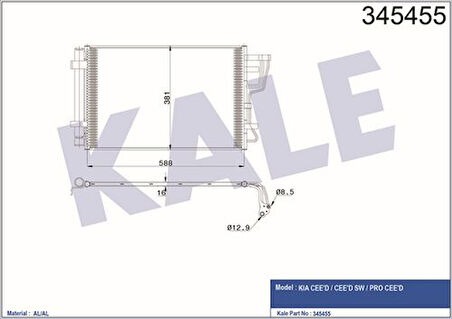 Kale 345455 Klima Kondenseri Kia Ceed 1.4L-1.6L 07 606X381X16 Al Al 976061H000