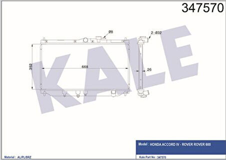 Kale 347570 Radyatör Al Pl Brz Accord IV-Rover Rover 600 Mt 19010PT1003