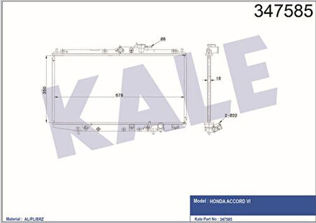 Kale 347585 Motor Su Radyatörü Accord 1.8 2.0 1998 2002 Otomatik Vites F235Z5 350x678x16 19010PCA003