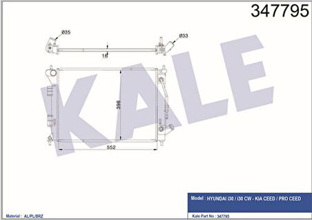 Kale 347795 Motor Su Radyatör Hyundai I30 1.6 Benzinli Otomatik 2012-Kia Ceed 1.6 Benzinli Otomatik 2012- 25310A6150