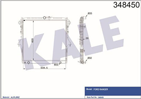 Kale 348450 Motor Radyatörü Ford Ranger 3.2 TDCI 11-Mt Kalınlık 26mm AB398005AD