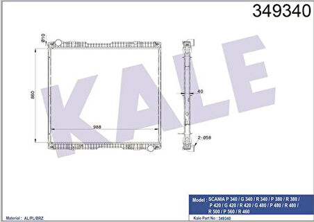 Kale 349340 Su Radyatörü Scania P-G-R-T Seri 04-P340-P380-P420-P480-P560-G340-G420-G480-R340-R380-R420-R460-R480-R500 (Çerçeveli) Mt 1527653