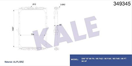 Kale 349345 Motor Su Radyatörü DAF XF 95 Fa 95 Fad 95 Fak 95 Far 95 Ft 95 XF (Çerçeveli) (Mt) 1286208