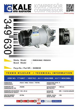 Kale 349630 Klıma Kompresor Ford B Ma1.4 Fıesta 1.5 1.6Tdcı 08> Focus III 12> 6Pk V Kayış Kasnağı 108Mm