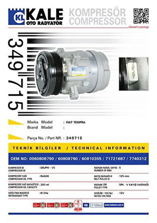 Kale 349715 Klıma Kompresoru Fıat Tempra 5Pk V Kayış Kasnağı 125Mm Klıma Kompresoru