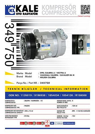 Kale 349750 Klıma Kompresoru Opel Calıbra A Vectra A 6Pk V Kayış Kasnağı 126Ml Klıma Kompresoru