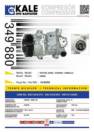 Kale 349880 Klıma Kompresoru Toyota Aurıs Corolla 1.6 2007-2012 Avensıs 2008> 6Pk V Kayış Kasnağı 120Mm
