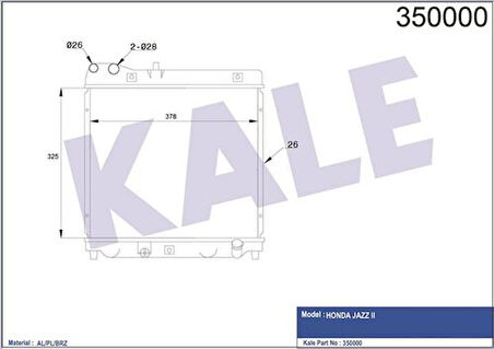 Kale 350000 Motor Su Radyatörü Honda Jazz 2002-2008 Manuel Vites 328x378x26 19010PWAG01
