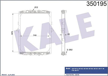 Kale 350195 Motor Su Radyatörü DAF 95 Fa 95 Fad 95 Far 95 Fak 95 Fat 95 Ft 95 Ftr 95 FTT (Çerçeveli) 0076449