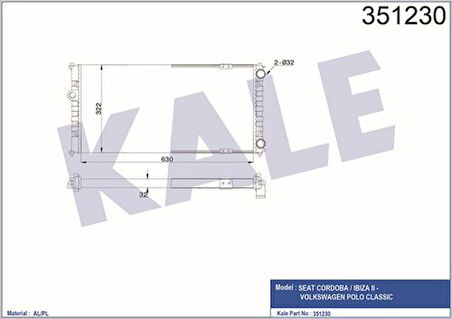 Kale 351230 Su Radyatörü Polo Classic 1.6 AFT Cordoba Ibiza II Klimasız Mekanik Şanzıman 6K0121253A
