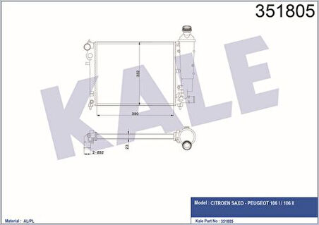 Kale 351805 Motor Su Radyatörü Radyatör Mekanik P106 Saxo 1.6 Klimasız Manuel Ölçü 390x322x23 1301.SQ