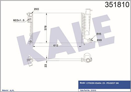 Kale 351810 Motor Su Radyatörü P306 Xsara 93 97 1.8 1.6L Klimalı Ölçü 612x378x23 1330.45