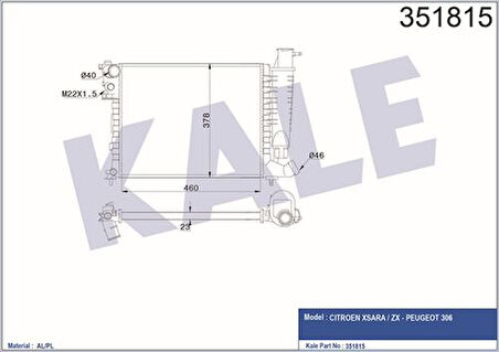 Kale 351815 Motor Su Radyatörü Klimasız Geçmeli P306 Xsara Tu3Jp Tu5Jp 93- 1301.J8