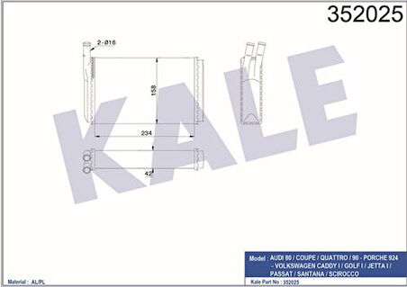 Kale 352025 Kalorifer Al Mknk 80-Coupe-90-Porsche 924-Caddy I-Golf I-Jetta I-Passat-Santana-Scirocco 84 87 171819031A