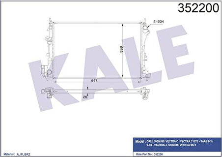 Kale 352200 Motor Su Radyatörü Brazing Vectra C Signum Z16Xe Z18Xe 1300244